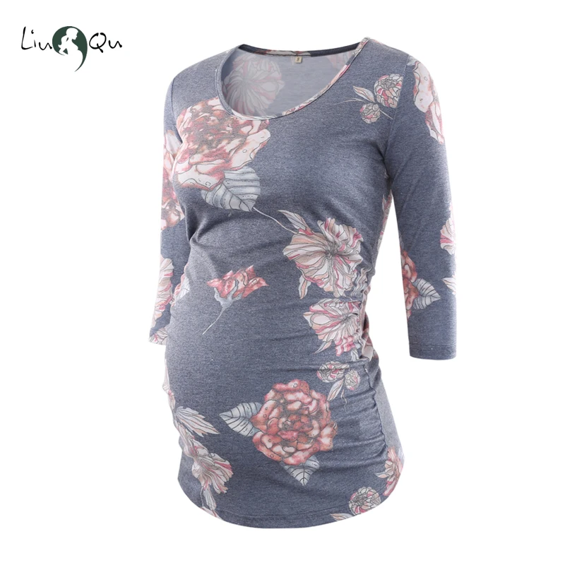 Womens Clothing Pregnancy Shirt Vintage Maternity Clothes 3/4 Sleeve Tunic Floral Pregnant Side Ruched Top Blouses | Мать и ребенок