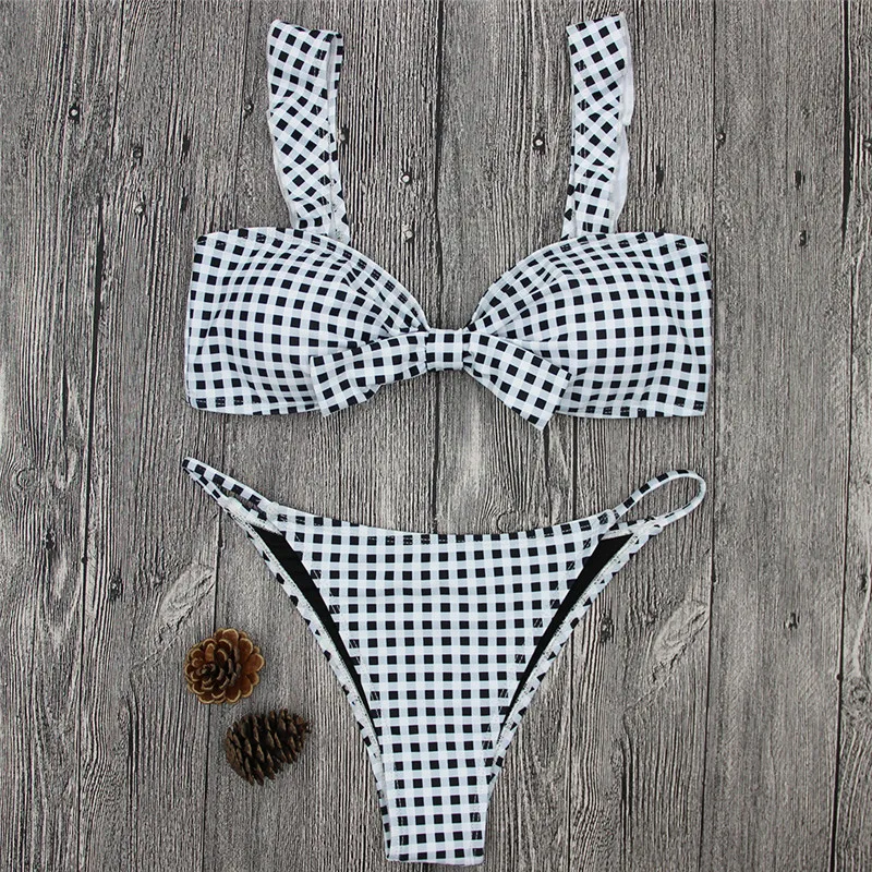 Women Plaid Bathing Suit Low Waist Monokini Padded Swimsuit European