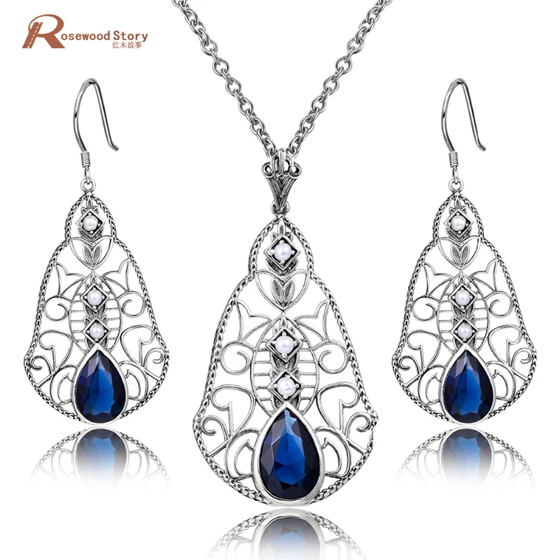 

Luxury Korea 925 Sterling Silver Natural Pearl Set Vintage Blue Stone Crystal Pendant Earrings Women Bridal Wedding Accessories