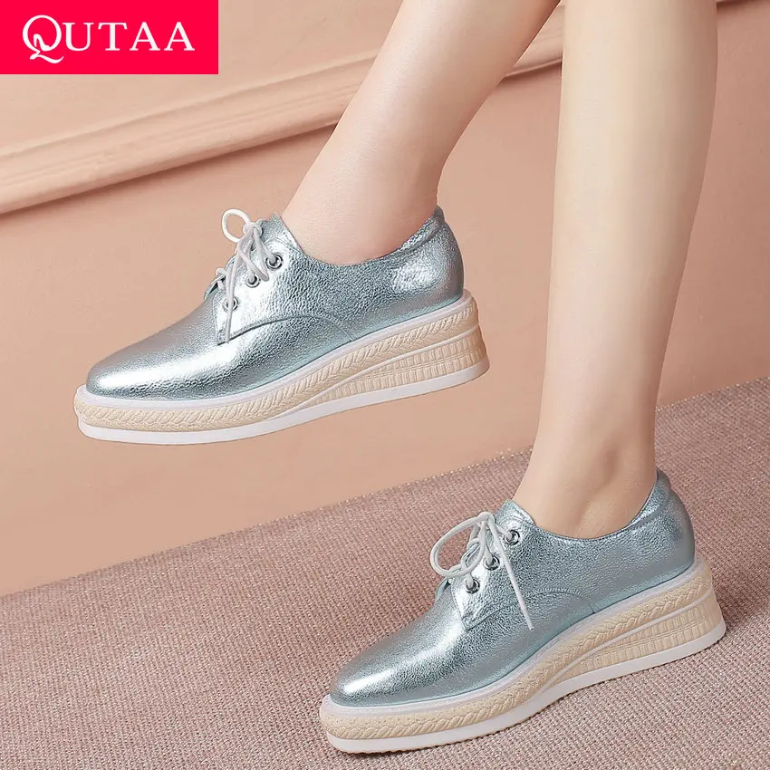 

QUTAA 2019 Sheepskin +pu Women Pumps Wedges Heel All Match Platform Round Toe Lace Up Women Shoes Ladies Pumps Size 34-42