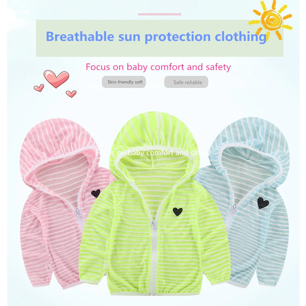 

Spring and summer children's clothing for boys and girls striped hooded sun coat protection clothing children coat zipper shirt
