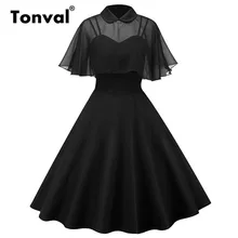 Tonval Rockabilly Vintage vestido negro de dos piezas gasa capa una línea pin up vestidos mujeres capa mangas partido Midi vestido