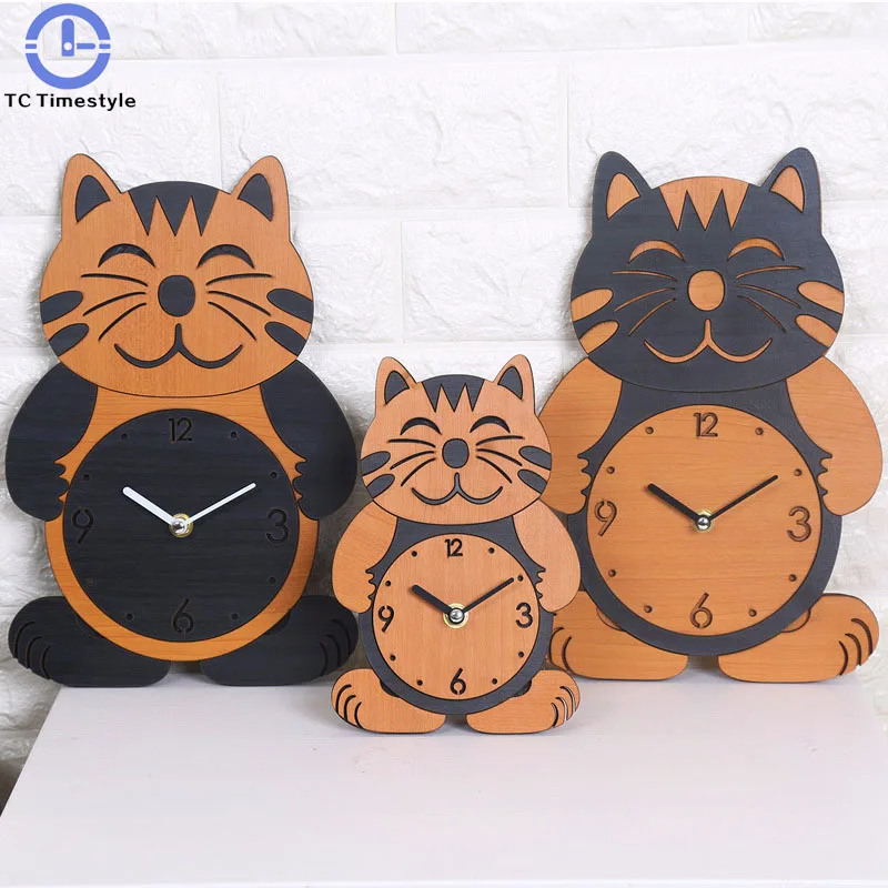 

Solid Wood Creative Wall Clock Mute Cartoon Living Room Children Bedroom Cute Cat Quartz Home Decor Simple Watch Modern