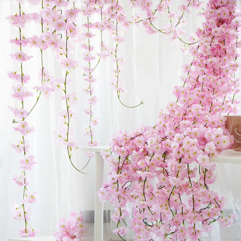 

230cm Silk Sakura Cherry Blossom Vine Lvy Wedding Arch Decoration Layout Home Party Rattan Wall Hanging Garland Wreath Slingers