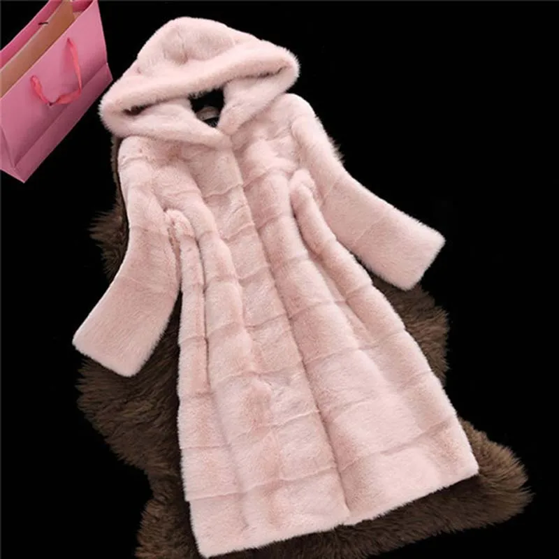 Зимнее утепленное лохматое пальто из искусственного меха для женщин, меховые куртки с капюшоном и рукавом три четверти, Элегантное длинное пальто, верхняя одежда больших размеров