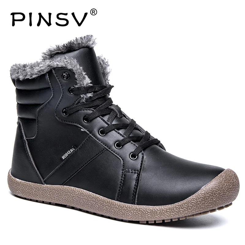 

PINSV Snow Boots Men Winter Shoes Black Soft Leather Boots Men Footwear Warm Casual Men Ankle Boots Big Size 36-48