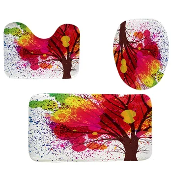 

4Pcs Home Bathroom Decor Set Bathroom Deciduous Tree Pattern Toilet Seat Cover Bath Mat Set+Waterproof Shower Curtain