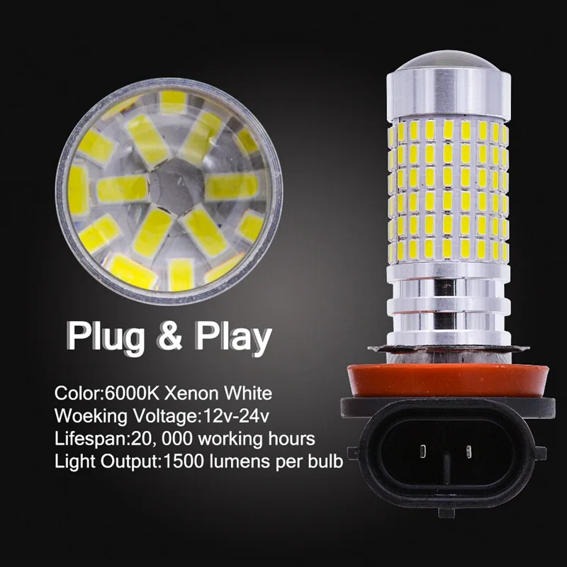 2 шт. H8 H11 H16 JP 144SMD 3014 белый светодиодный светильник тумана, вождения, бега, светильник светодиодный 1500LM дальнего света лампы, используемые для противотуманной фары дальнего света светильник