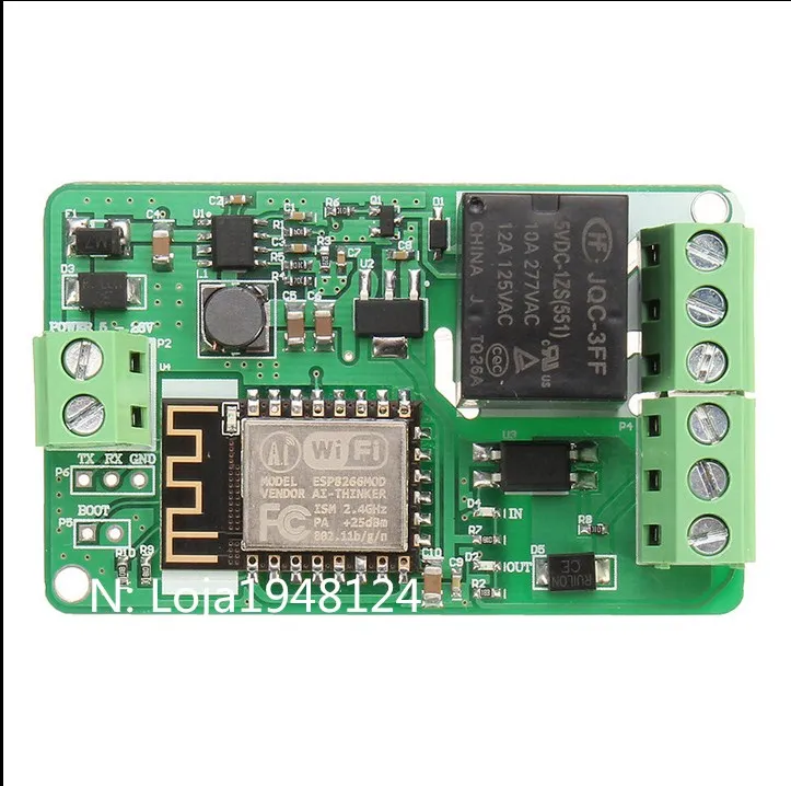 

Nova Chegada 5 PCS/LOTE Verde ESP8266 10A 220 V Modulo de Rele De Rede WI-FI de Entrada DC 7 V ~ 30 V modulos