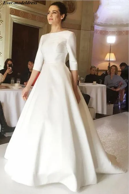 

Satin Wedding Dresses 2019 Simple A-Line 3/4 Long Sleeves Button Back Sweep Train Ivory Bridal Gowns Plus Size Vestido De Noiva