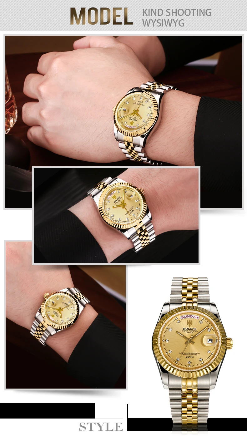 Holuns мужские часы брендовые роскошные мужские золотые кварцевые часы с бриллиантами водонепроницаемые подарочные нарядные Часы relogio feminino модные повседневные часы