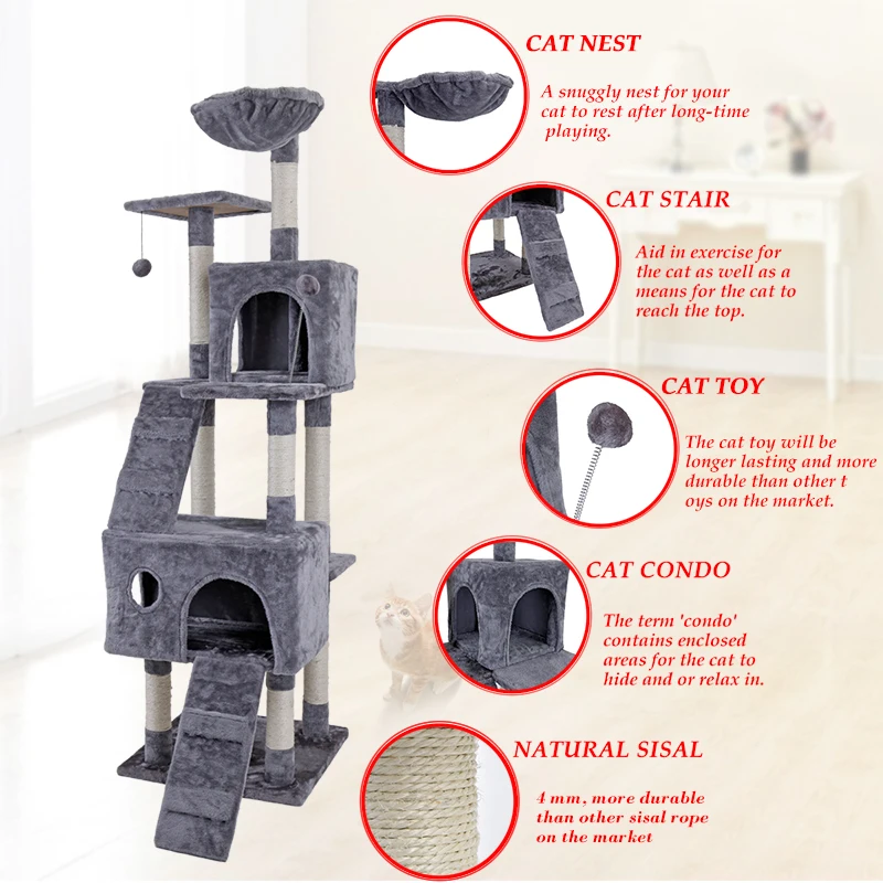 Cat Furniture Multi-layer Cando With Cat Sleeping Kennels Hammocks Beige Gray Funny Kitten Toy With Ladder Scratcher Cat Tree