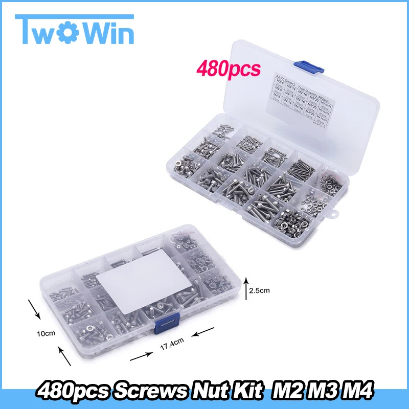 

M2 M3 M4 Socket Head Screws, 480PCS Stainless Steel Hex Socket Head Cap Screws Assortment Kit Bolts and Nuts Kit