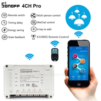 

Sonoff 4CH Pro Smart Home RF Wifi Light Switch 4 Gang 3 Working Modes Inching Interlock Self-locking Wifi Switch Work With Alexa