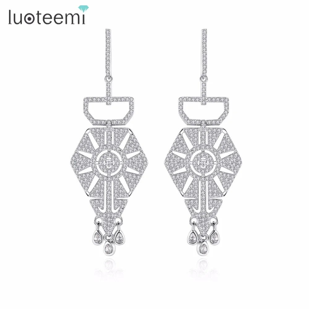 

LUOTEEMI Fashion Big Water Drop Dangling Earrings for Women Clear CZ Teardrop Geometric Chandelier Earrings Wedding Jewelry
