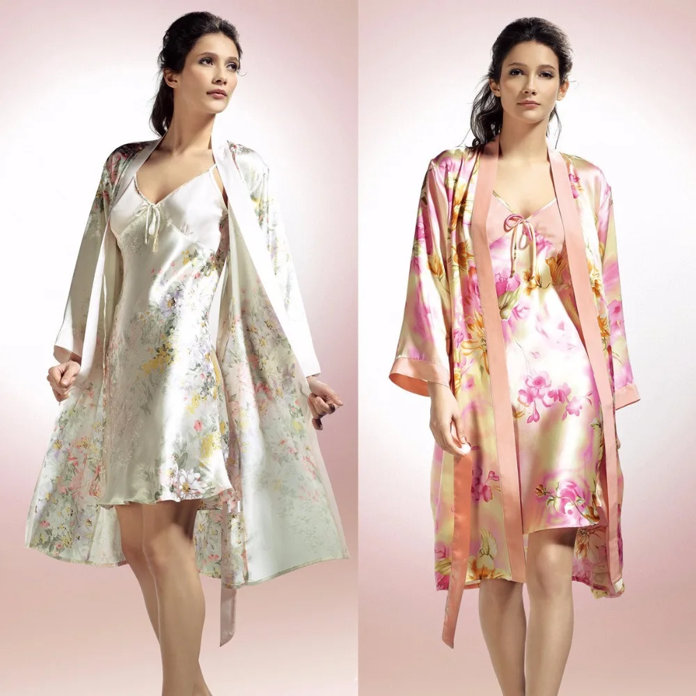

New Arrival Fashion Female 100% Silk Sleepwear Twinset Women Sexy Nightgown 100% Mulberry Silk Flower Print Robe Nightdress Sets
