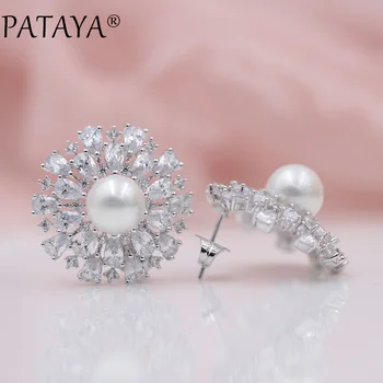

PATAYA New Year Gift Women Luxury Wedding Jewelry True White Gold Sea Shell Pearls Water Drop Natural Zirconia Big Stud Earrings