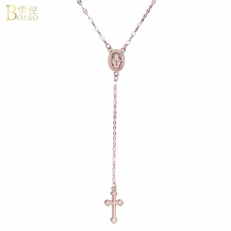 rose gold BOAKO золото четки оптом по низкой цене Цепочки и ожерелья для Для мужчин Для женщин католическое религиозное ювелирное изделие, длинная цепь, Madonna монета Цепочки и ожерелья s крест Pendnat Цепочки и ожерелья - Окраска металла: rose gold