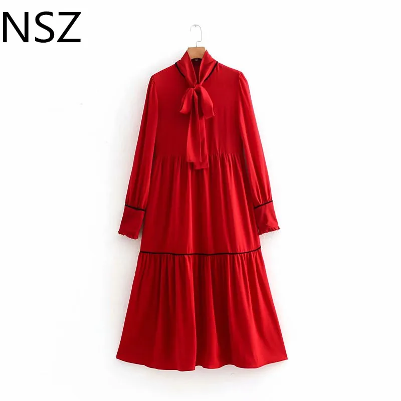 Red long sleeve pleated maxi dress shirts