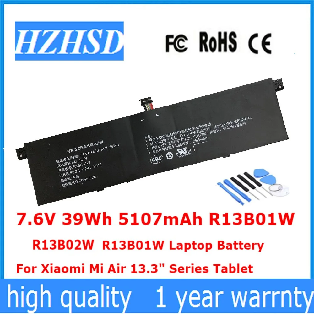 Pаспродажа 7,6 V 39Wh 5107mAh R13B01W R13B02W Новый R13B01W R13B02W Аккумулятор для ноутбука для Xiaomi Mi Air 13,3