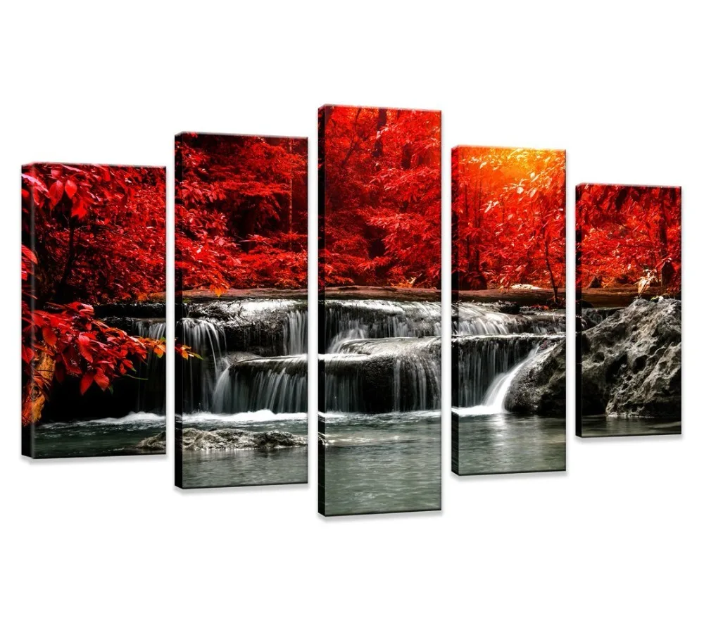 HUADAOART Hua Dao Art-HJ-0313 canvas prints 5 Piece Wall Art Home Decoration Painting Printed on canvas Red Waterfall Red