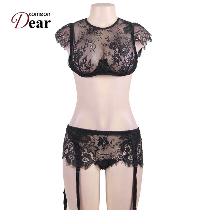 black Comeondear RA80312 размера плюс Lenceria Эротика Mujer Sexi прозрачное сексуальное женское белье комплект Цветочный экзотический лифчик Sous Vetement Femme - Цвет: black