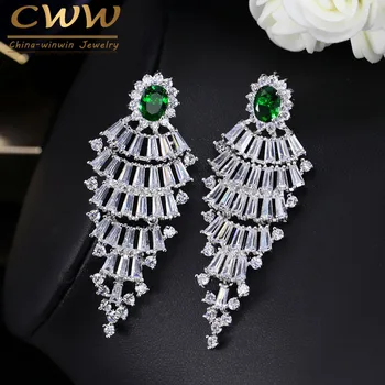 

CWWZircons Vintage White Gold Color Green Dangle Cubic Zirconia Crystal Big Long Tassel Statement Earrings For Women CZ240