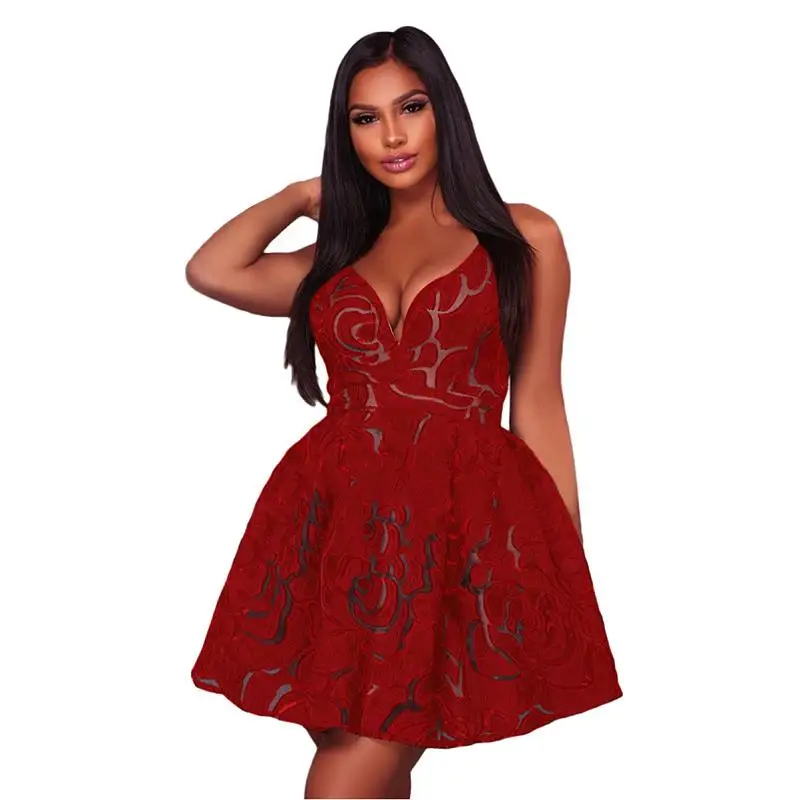 ADEWEL Sexy Deep V Neck Spaghetti Strap Women Lace Dress Elegant Crochet Mini Short Party Dresses  (1)