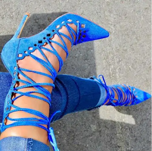 

Fashion Blue Suede Leather Women Pointy Toe Lace Up Pumps Cutout Style Ladies Sexy High Heels Zipper Back Female Dress Shoes