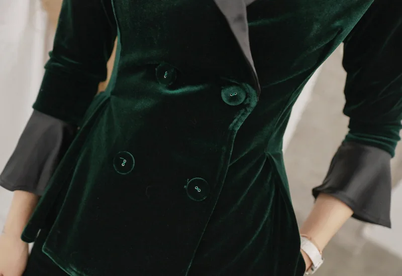 Комплект из 2 предметов 2018 женский осенний зеленый длинный рукав элегантный офисный бархатный костюм оборки Топ и длинные брюки Рабочий