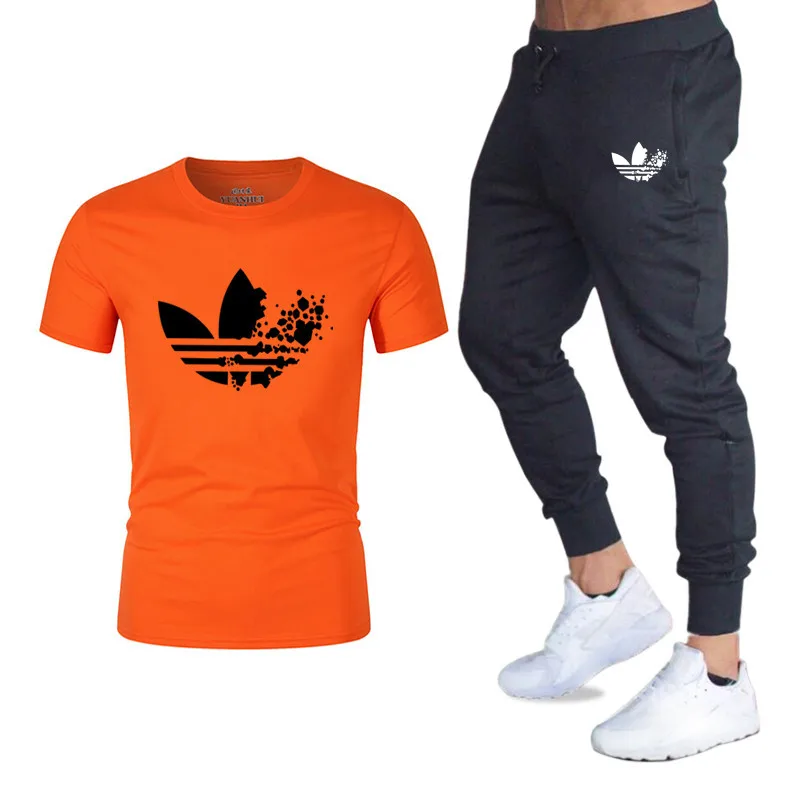 High quality men set Pants+T Shirts Sets Casual Elastic Mens Fitness Workout Pants Skinny Sweatpants Trousers Jogger Pants