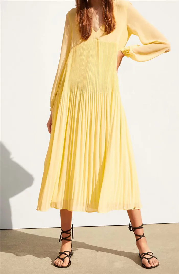 Женское шикарное летнее желтое длинное платье женское длинное платье с v-образным вырезом Плиссированное шифоновое платье трапециевидной формы уличная одежда vestidos Femme