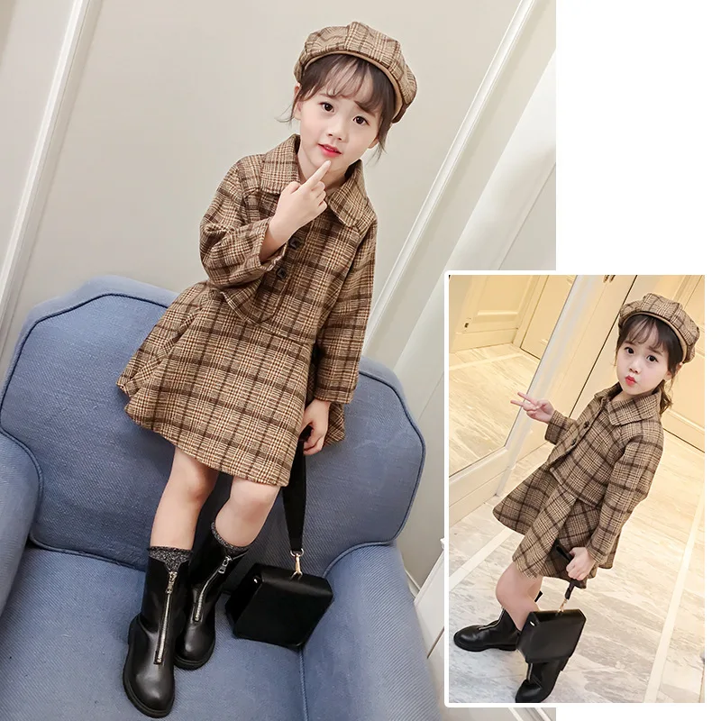 

2017 New Arrival Fashion Baby Girl Set Clothes Kids Vintage Plaid Outfit Blazer Coat + Dress +beret Hat 3 Pieces Set for 3-7Y