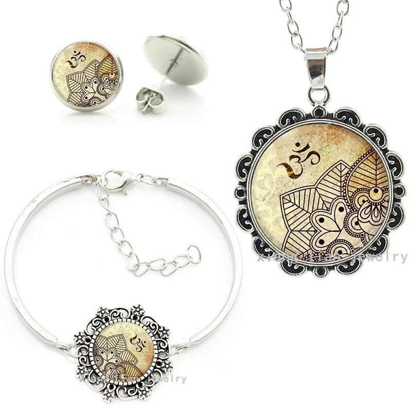 

Vintage om symbol buddhist lotus mandala lace charm bracelet necklace earrings bridal sets wedding jewelry set for brides HT032
