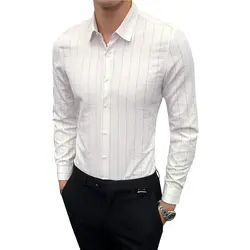 Новое поступление Демисезонный Для мужчин рубашка бренд высокое качество с длинным рукавом Полосатые рубашки Повседневное Slim Fit черный