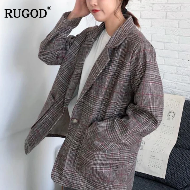 Женское шерстяное пальто RUGOD элегантный офисный клетчатый блейзер с длинным