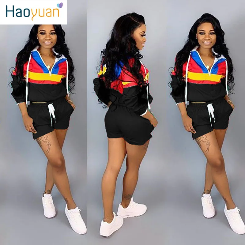

HAOYUAN Plus Size 2 Two Piece Set Tracksuit Top+Biker Shorts Sweat Suit Summer Clothes for Women Sexy Club Outfits Matching Set