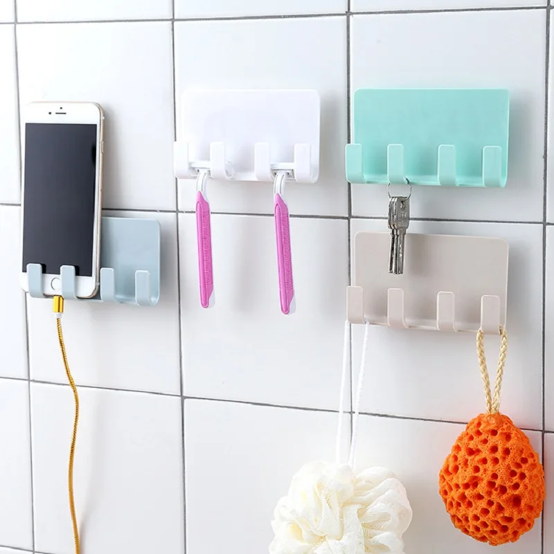 

1Pc Creative Bathroom Storage Rack Wall Mounted Shaver Holder Organizer 4 Hooks Towel Shelf Strong Suction Phone Charging Racks