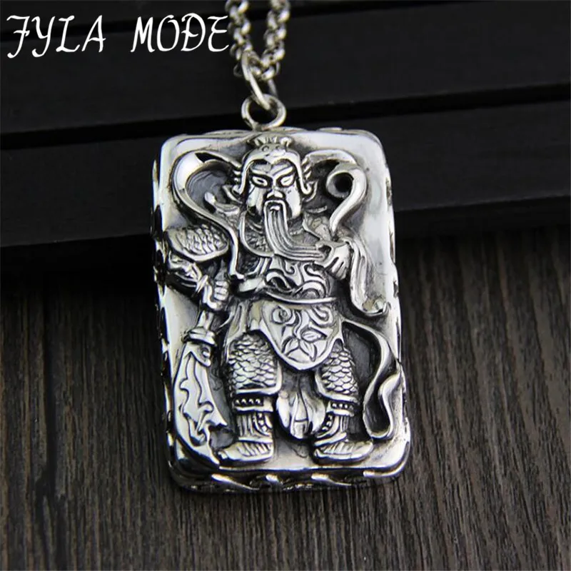 

FYLA MODE S925 Sterling Silver Antique Thai Silver Carving Guan Yu Pendant Necklace Mammon Lucky Amulet Gift For Men Jewellery
