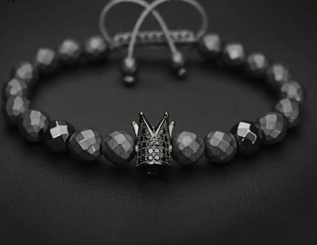 

one piece popular black micro pave CZ crown pendant round black crystal beads handmade bracelet xyb151