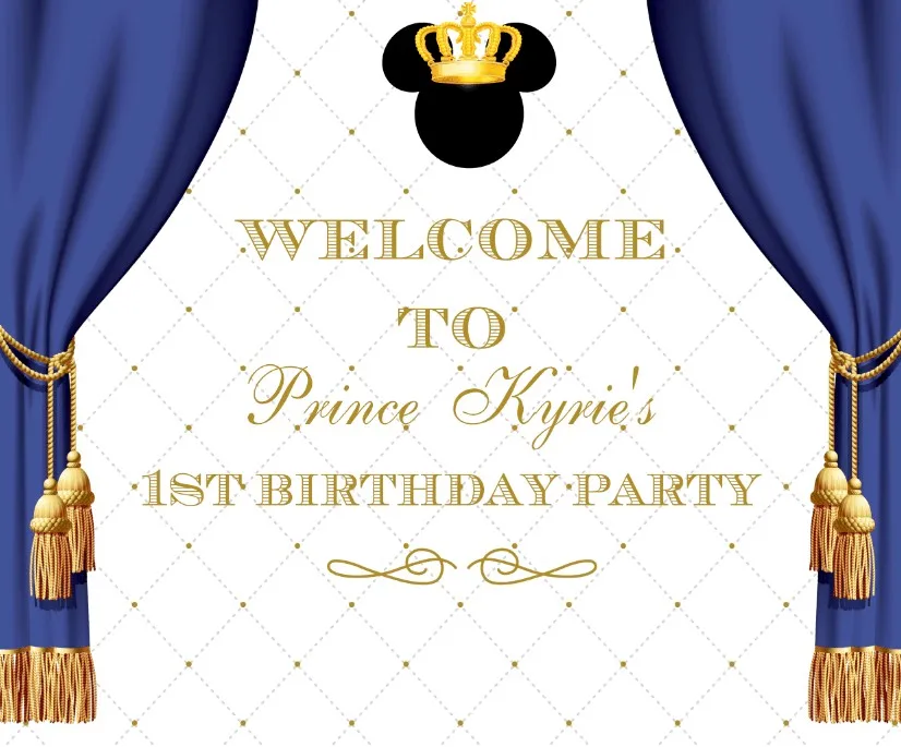 

Custom Mickey Mouse Royal Blue Gold Crown backdrop polyester or Vinyl cloth High quality Computer print birthday backdrops