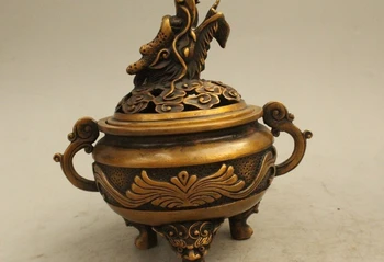 

7" Chinese Qing Dynasty Bronze 3 Foot Bat Dragon Handle Incense Burner Censer