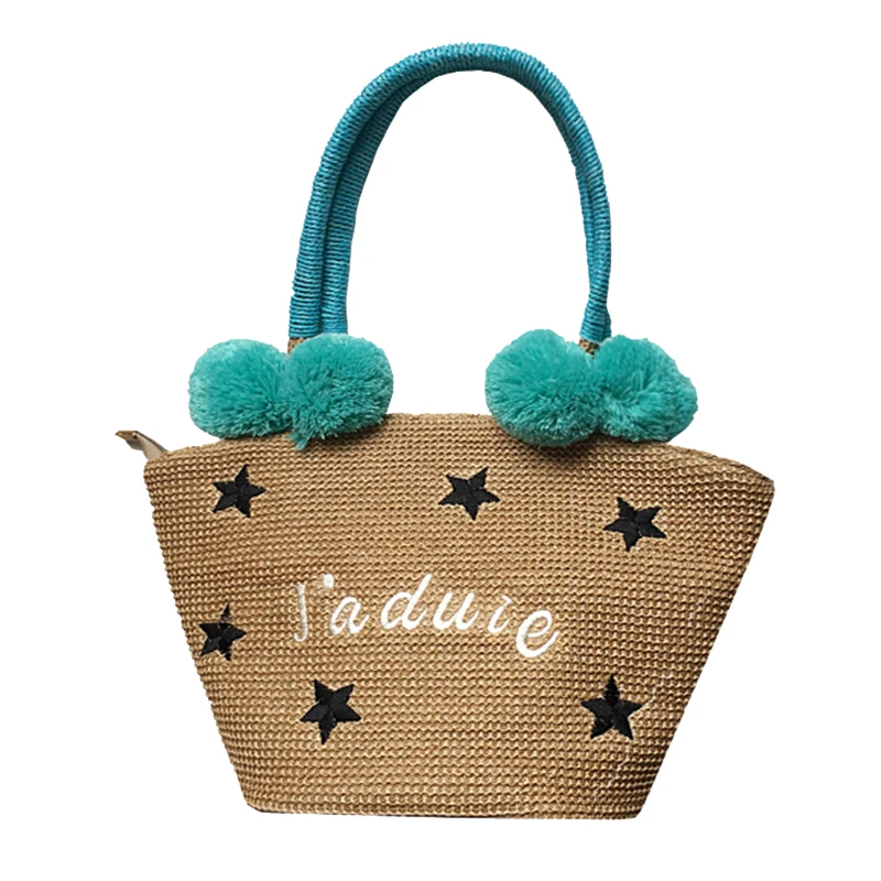 

Colorful Wool Ball 2017 Design Summer Beach Bags Basket Chic Woven Straw Handbags for Women Large Shoulder Bags Shopper Totes