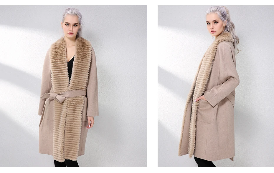 JEPLUDA New Cashmere Coat Women Genuine Rex Rabbit Fur Lapel Collar Wool Coat long Real Fur Coat Genuine Leather Jacket Women