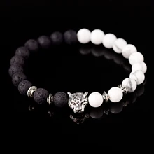 OIQUEI Щепка животных Leopard бусины браслеты для мужчин белый/черный Природный лавовый камень эластичный браслет для женщин Jewelry Bileklik