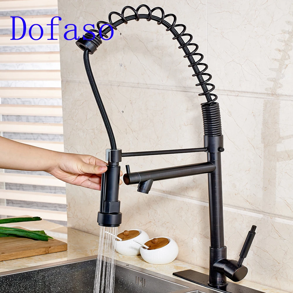 

Dofaso black spring faucet mixer tap cold and hot water deck mounted Pull Down Kitchen Faucet Dual Spouts 360 Swivel