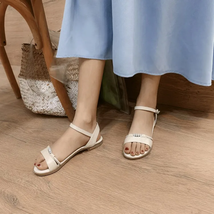 Большие размеры 9, 10, 11, 12, 13, 14, 15, летние сандалии на плоской подошве женская обувь женские сандалии с плоской подошвой и пряжкой - Цвет: Бежевый
