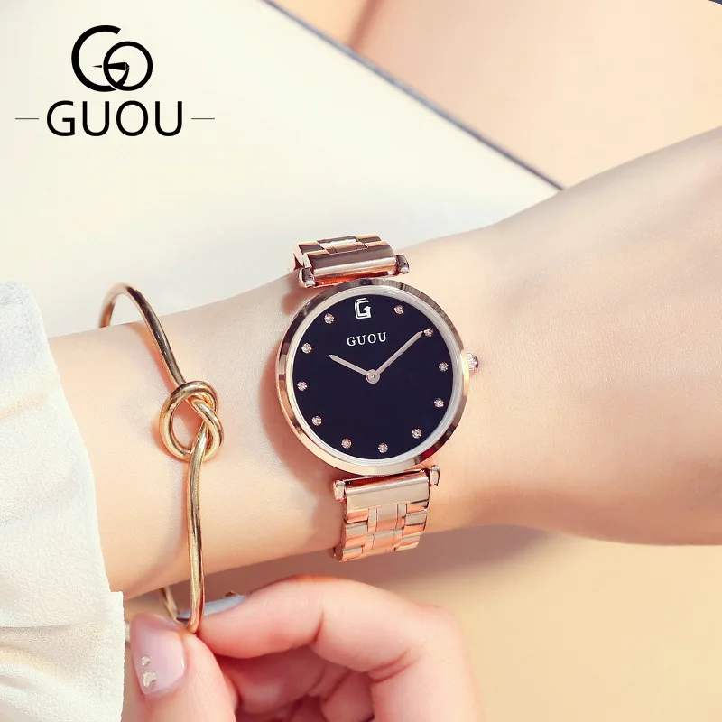 

GUOU Crystal Diamond Rose Gold Luxury Women Quartz Watches Full Stainless Steel Ladies Dress Elegant Wristwatch Female Watch