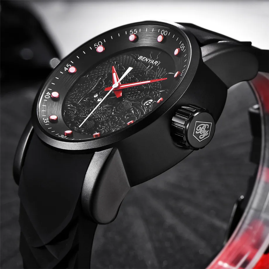 BENYAR Men Wristwatches 3D Chinese Dragon Carving Dial and Band Date Display Waterproof 30m Business Quartz Watch heren horloge (5)