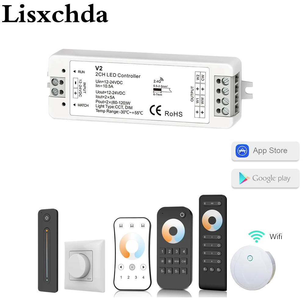 

Lisxchda Warm White/Cold White Dual Color LED Strip 4-Zone CCT Controller DC12V 24V 10A 2.4G RF Wireless Remote WiFi Compatible